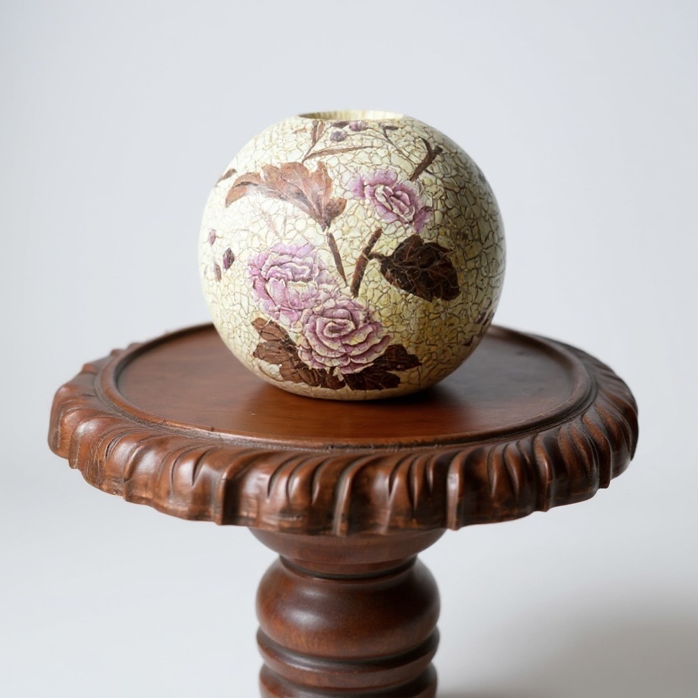 Vintage Crackled Rose & Bird Tea Light Holder 6” | Tea light included!
